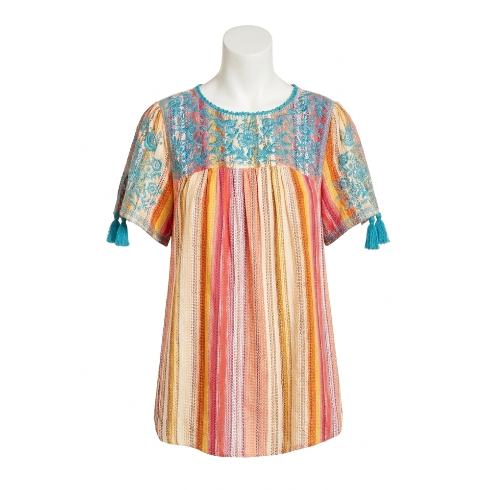 NEW ANDREE BY UNIT embroidered serape babydoll top in multi